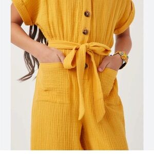 Chelsea and Violet Yellow Button-Up Short Sleeve Jumpsuit